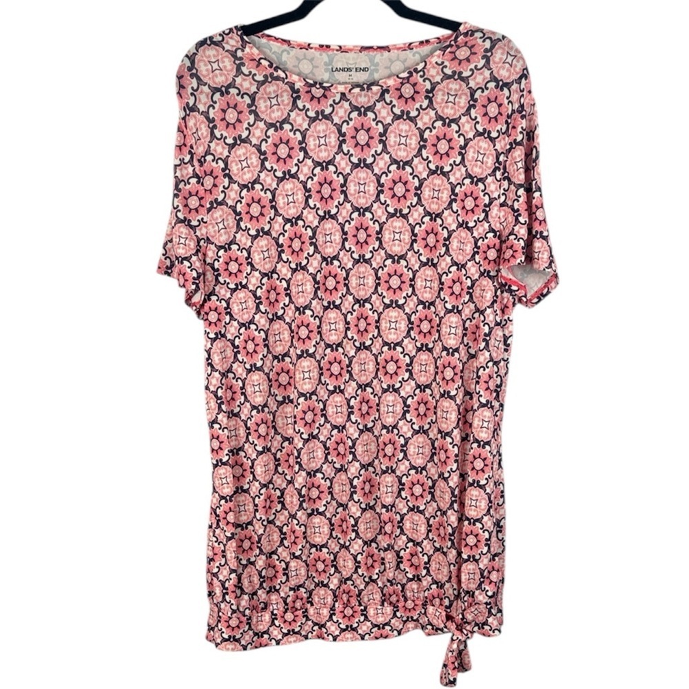 Lands' End Pink Black Floral Geometric Print Short Sleeve Rash Guard Swim Shirt